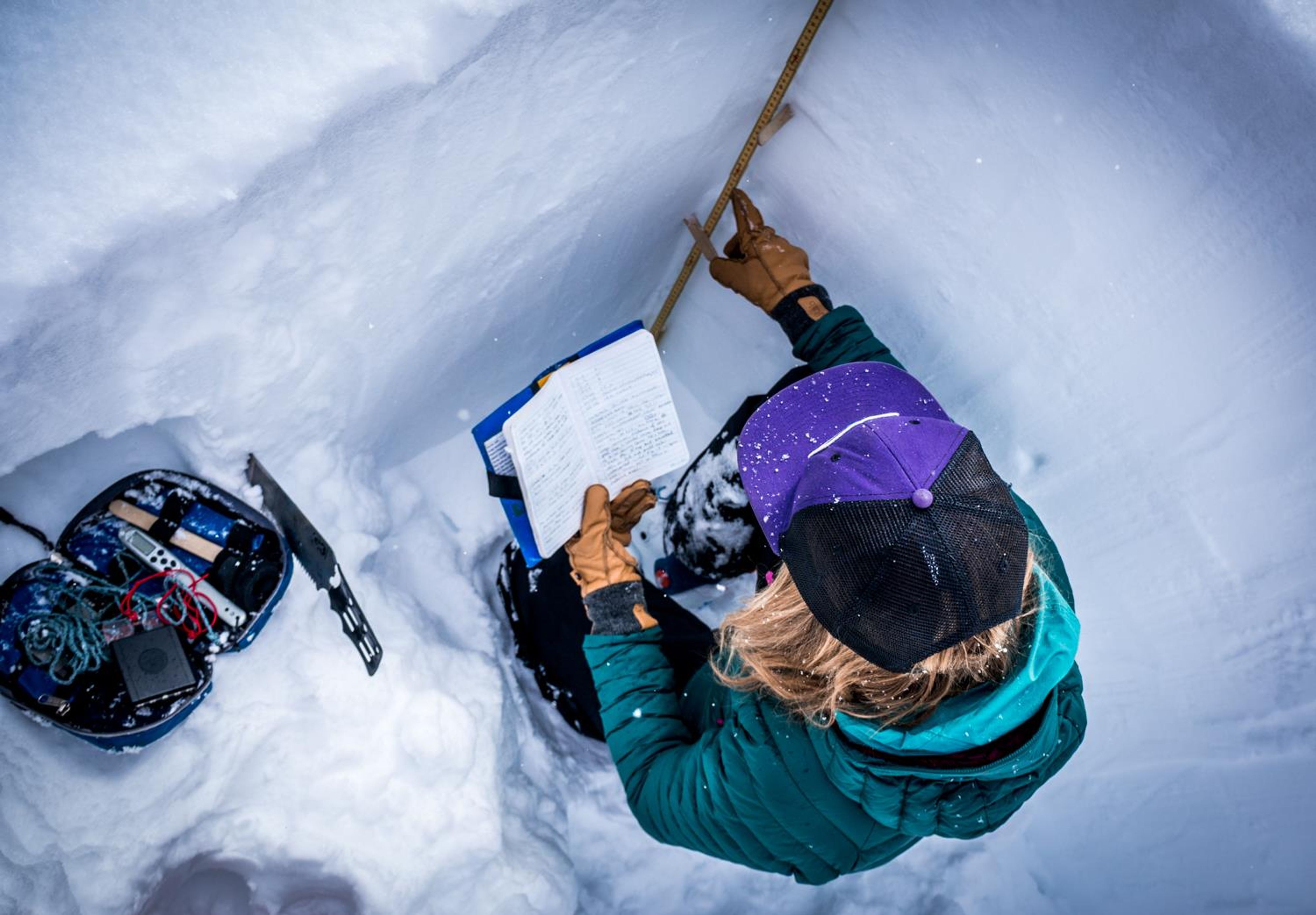 An avalanche professional digs a snow pit.