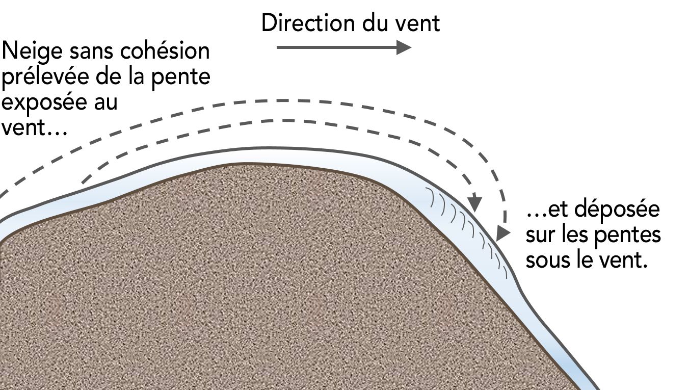 Les plaques à vent se forment lorsque la neige sans cohésion transportée par le vent est déposée sur les pentes sous le vent (abritées du vent).