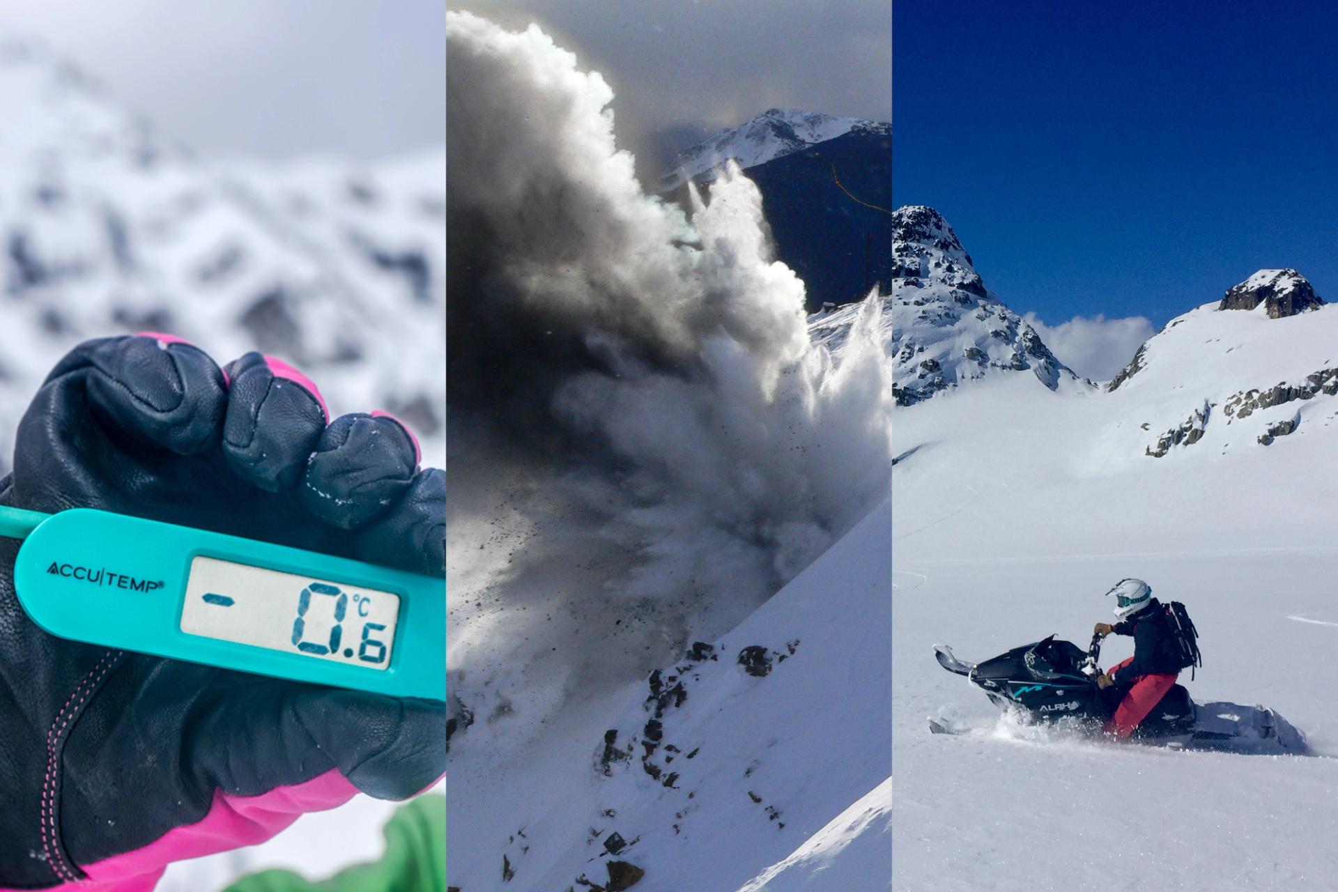 From left: A picture of a thermometer reading -0.6 celsius, explosives avalanche control, and a snowmobiler riding on a slope.