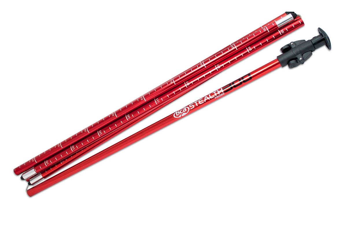 A probe is a long, collapsible pole used to pinpoint a victim’s location under the snow following a transceiver search. Carry your probe in your pack, and snap the sections together like tent poles when it’s needed.