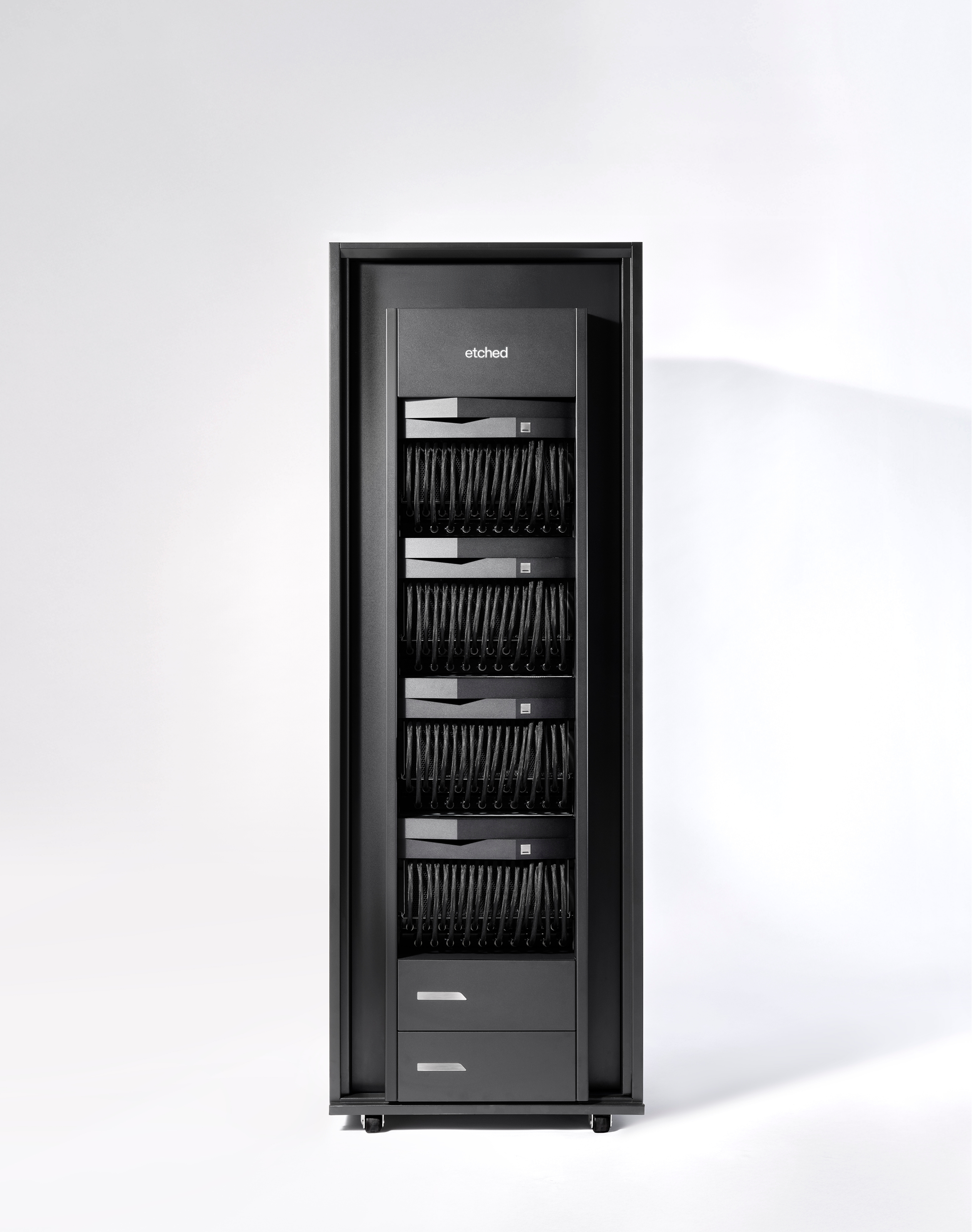 Etched server rack, front view
