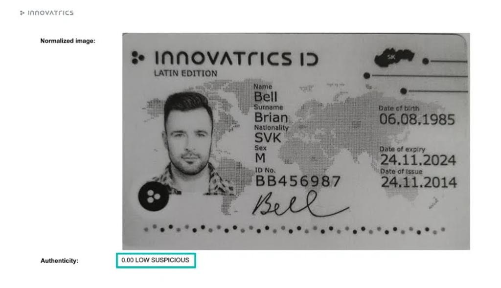 Innovatrics Digital Onboarding Toolkit can evaluate the authenticity of the ID based on the color profile. 