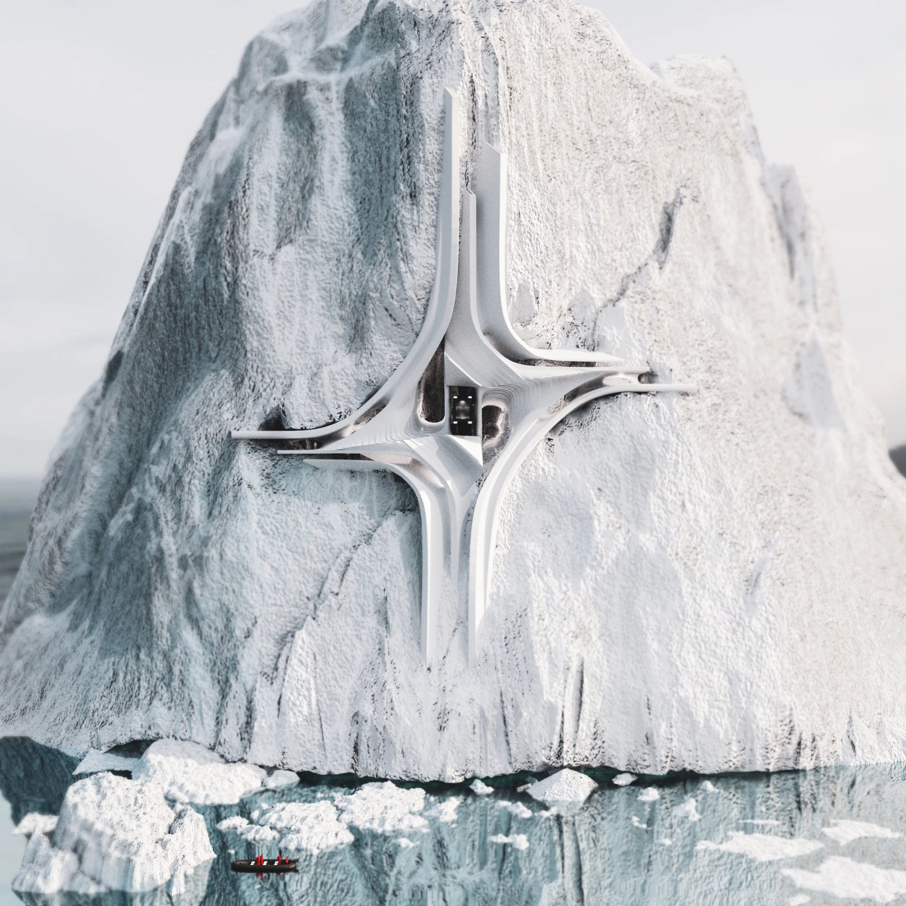 Speculative proposal for a futuristic research centre in Arctic, deployed in the ice directly, realistic rendering