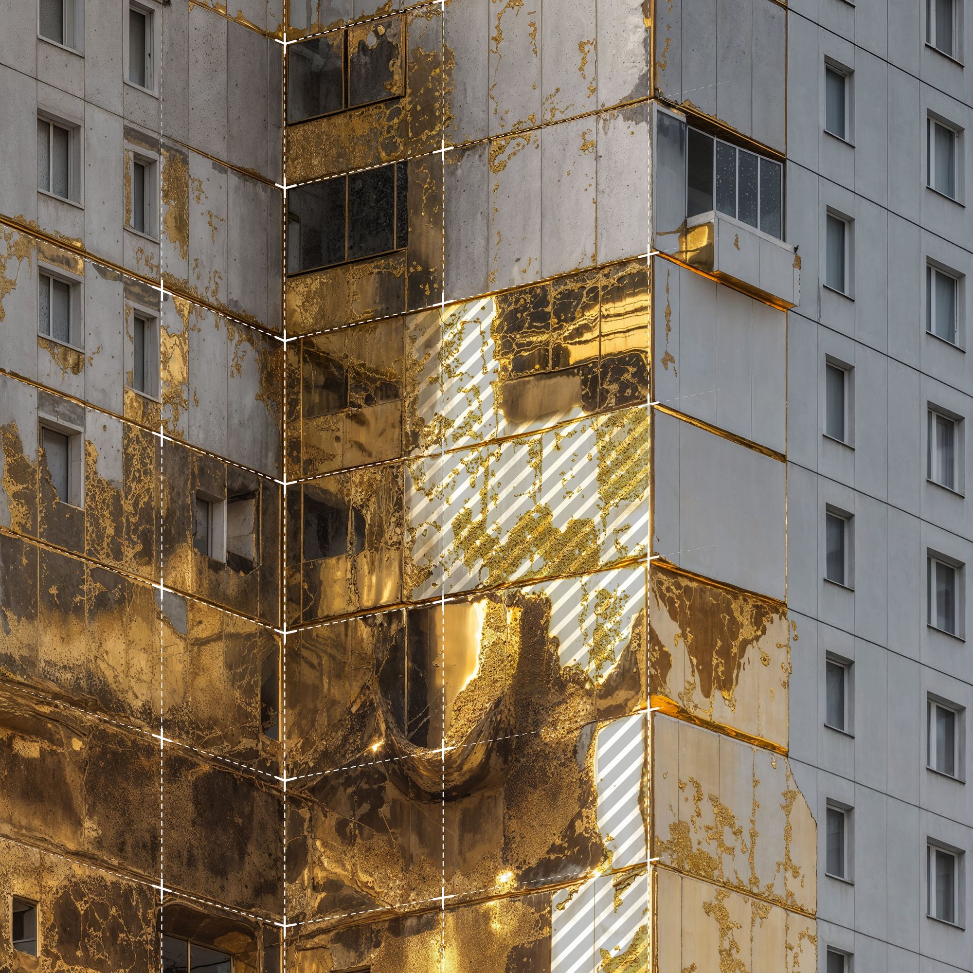 Soviet block with damaged part made in gold, conceptual collage by Kyryll Dmytrenko