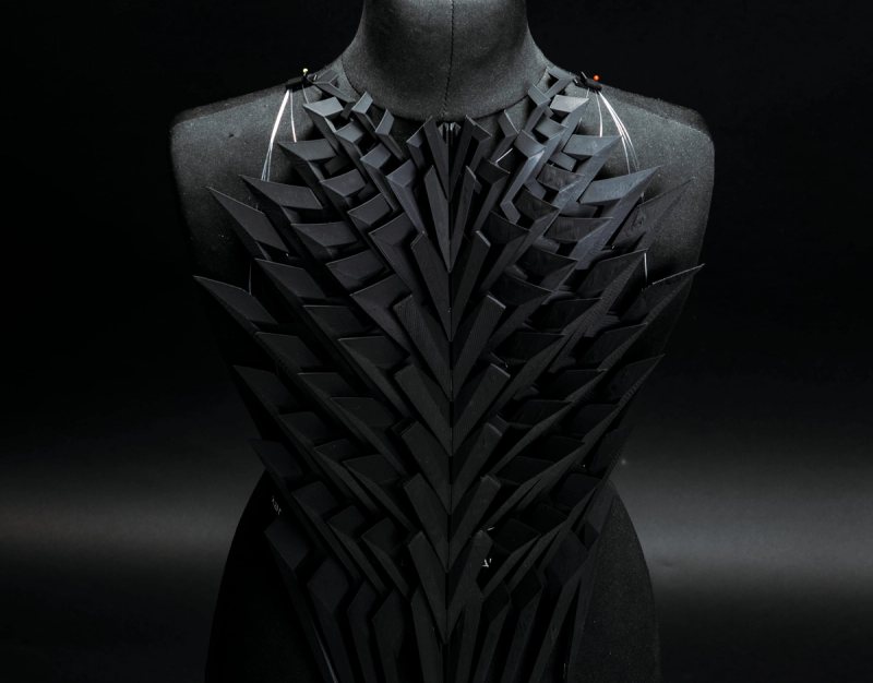 Occultatum Periculum — 3D-printed modular back armour, backlit against black