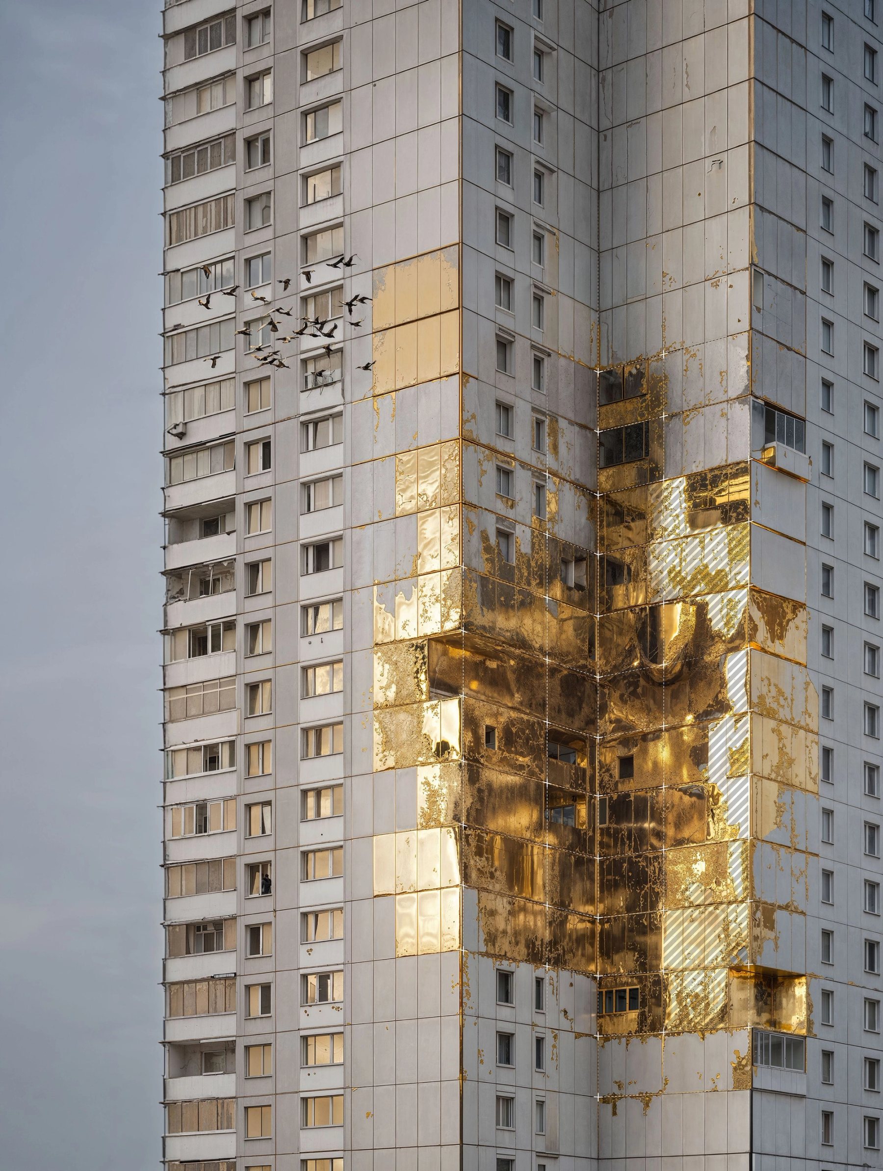 Damaged building with golden scars, golden ruins, zoom in