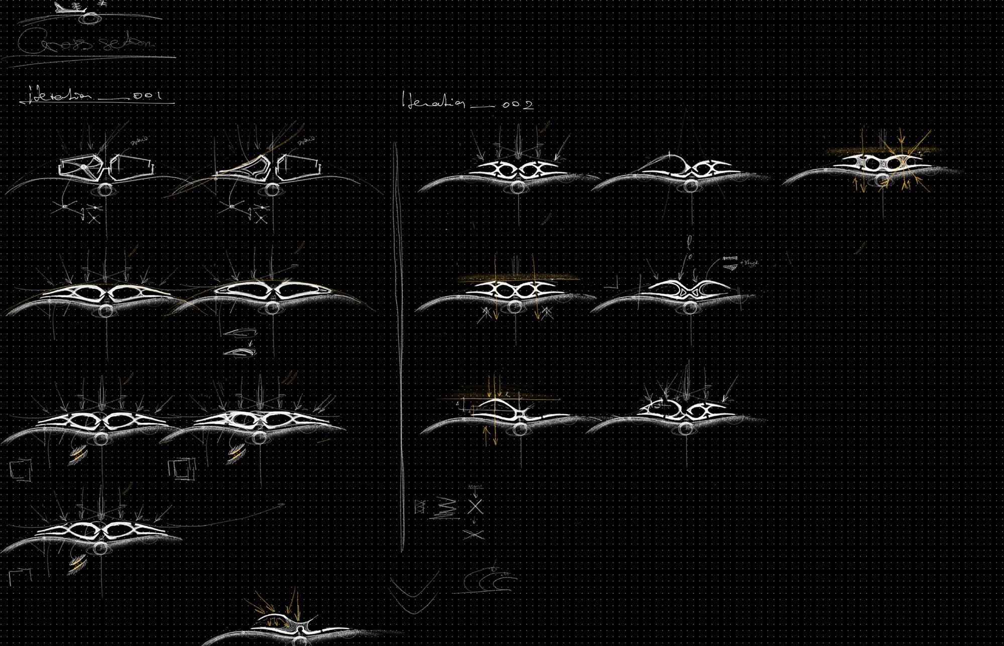 Cross-section iterations of the module, drawn white on black
