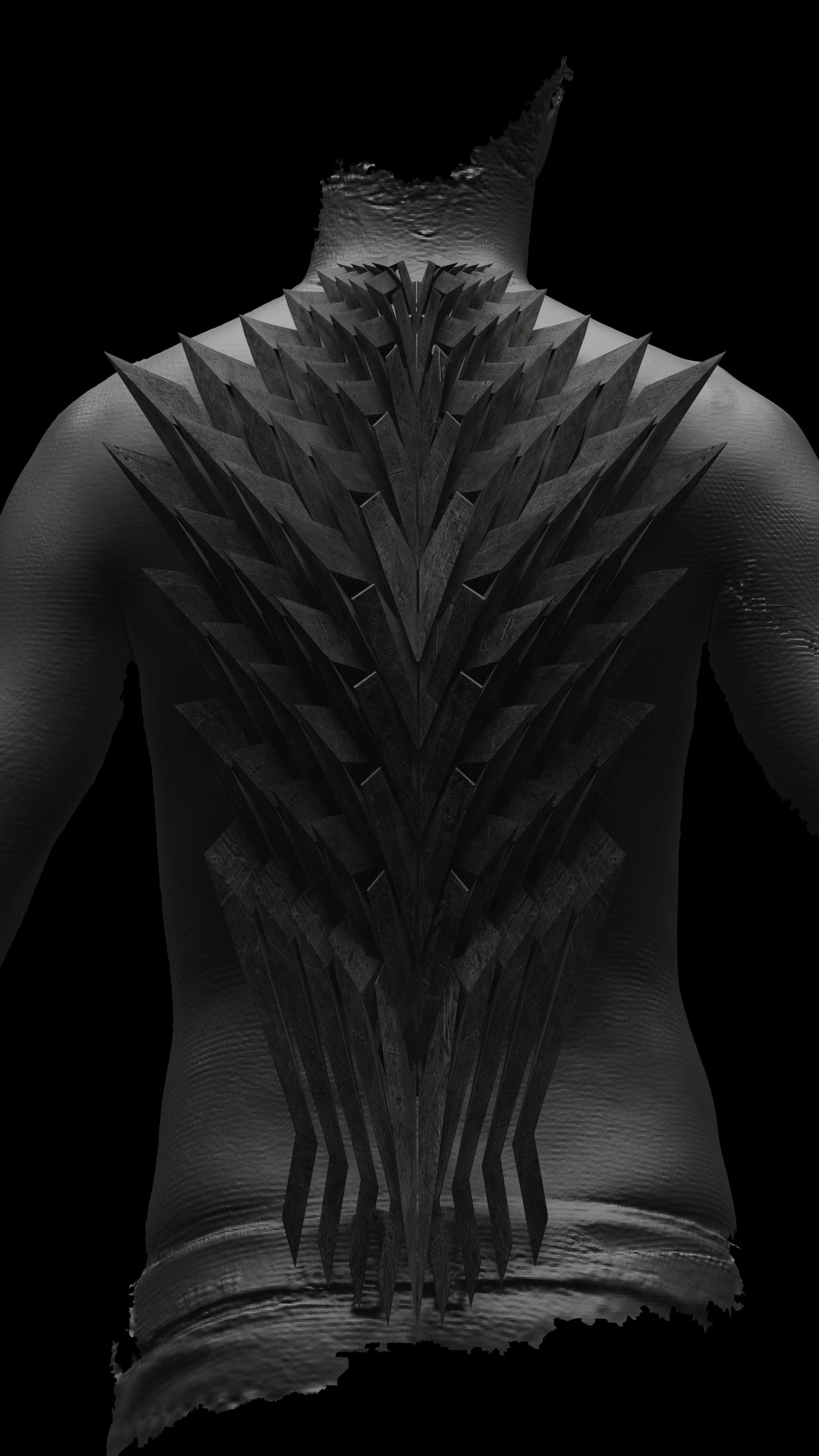 Occultatum Periculum — 3D-printed modular back armour, backlit against black