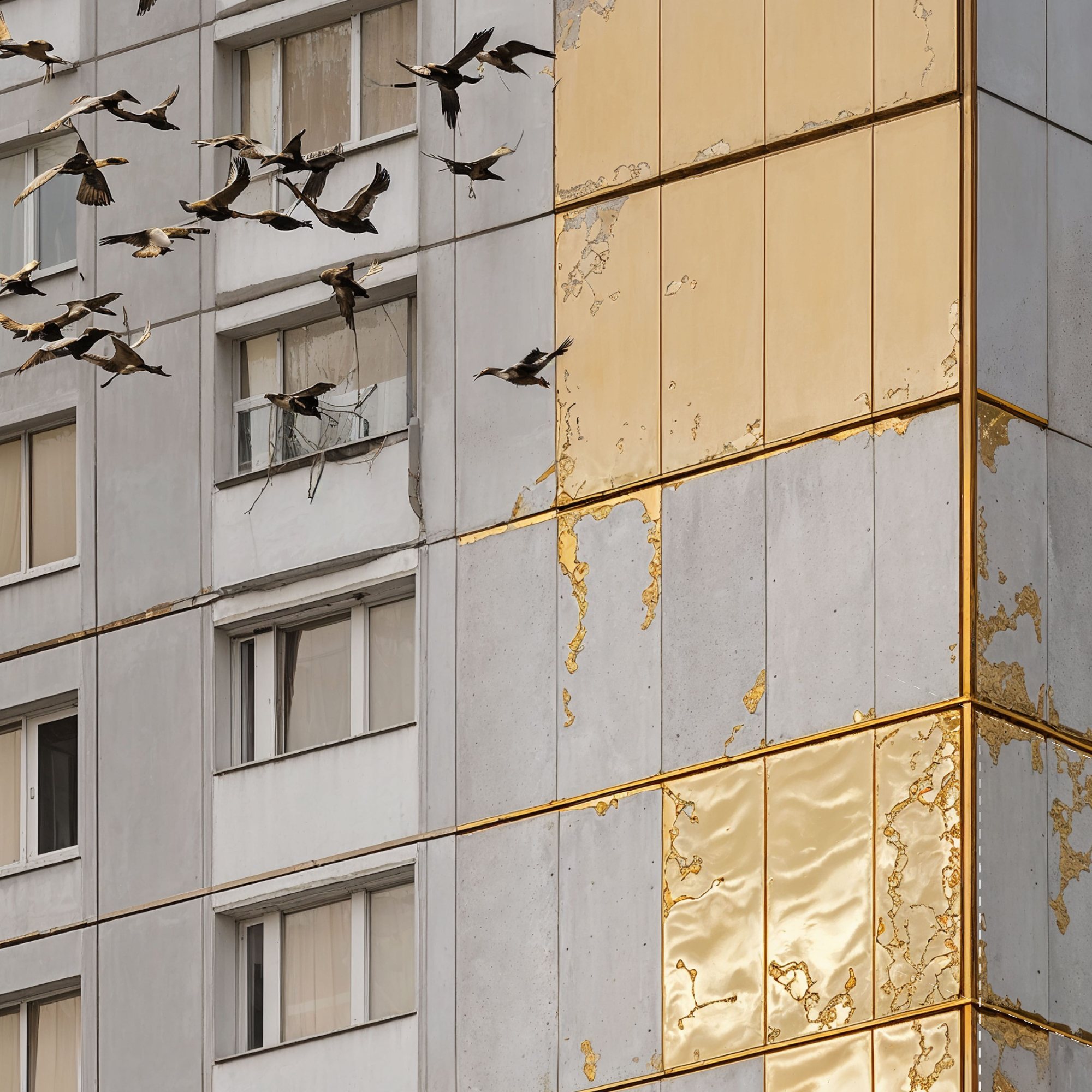 Soviet block with damaged part made in gold, conceptual collage by Kyryll Dmytrenko