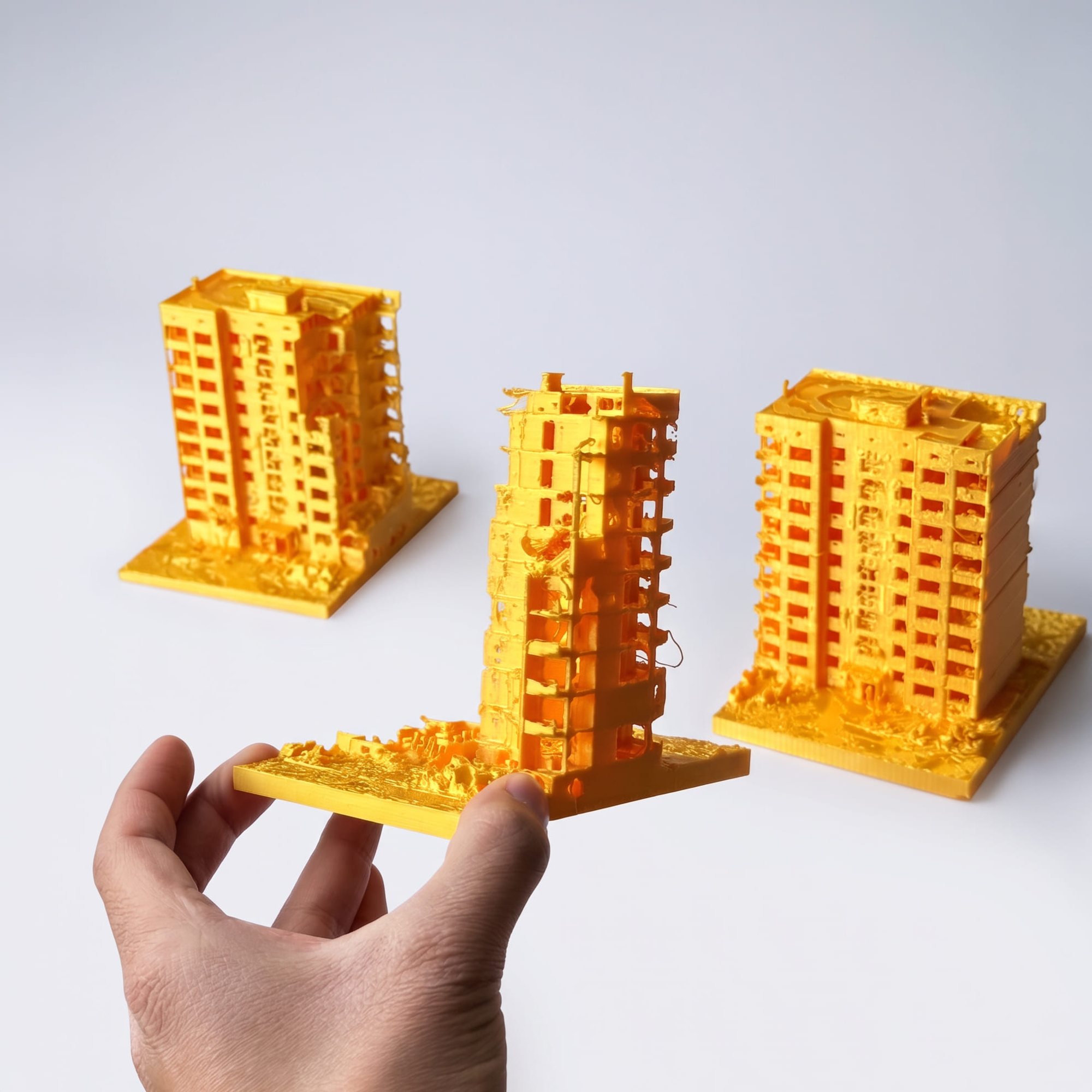 Physical model of destroyed building in Ukraine, 3d 3drinted in Gold