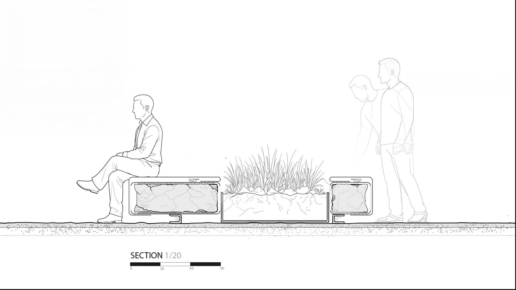 Section view of the public furniture mounted on a damaged panel reused from Soviet Block