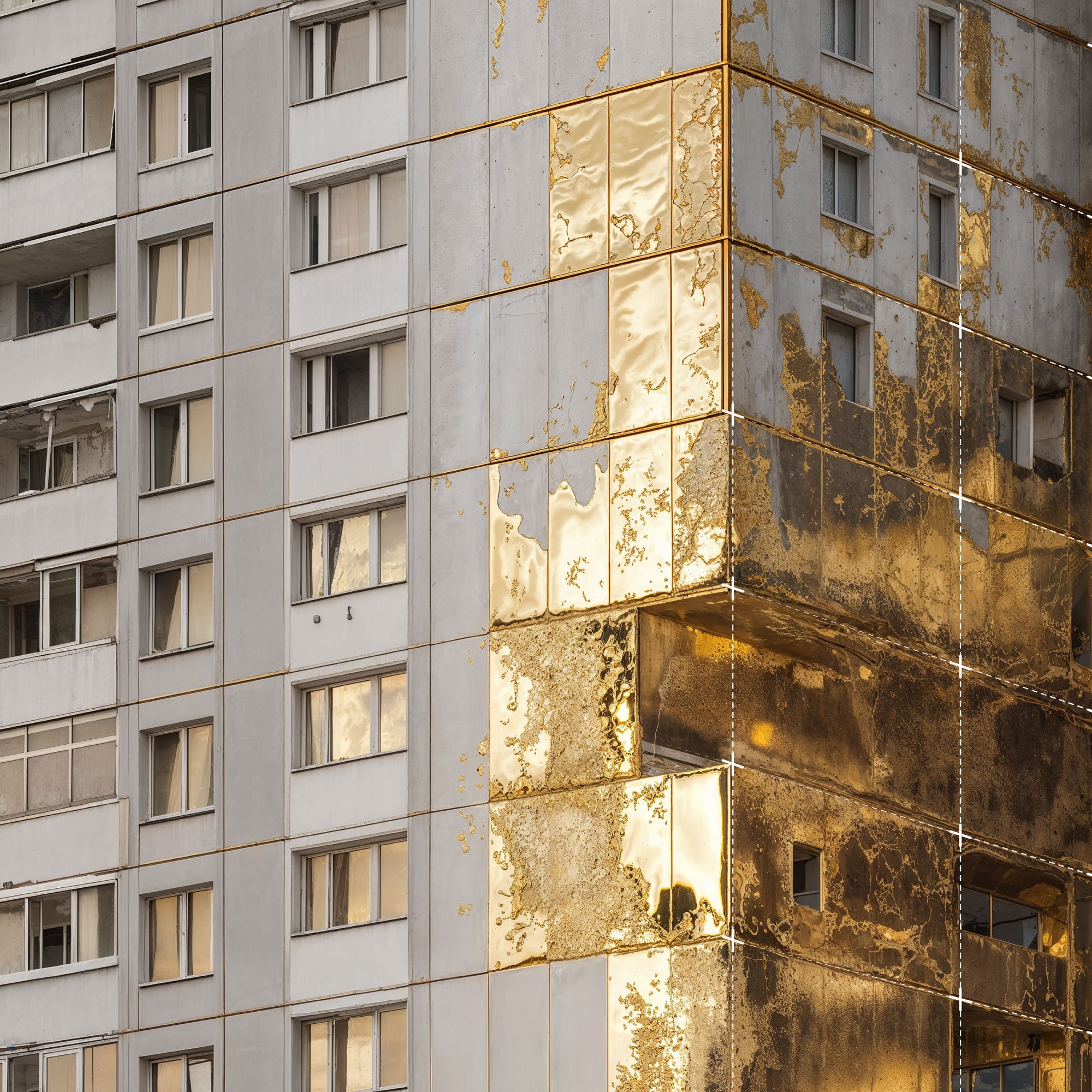 Soviet bloc with damaged part made in gold, conceptual collage by Kyryll Dmytrenko