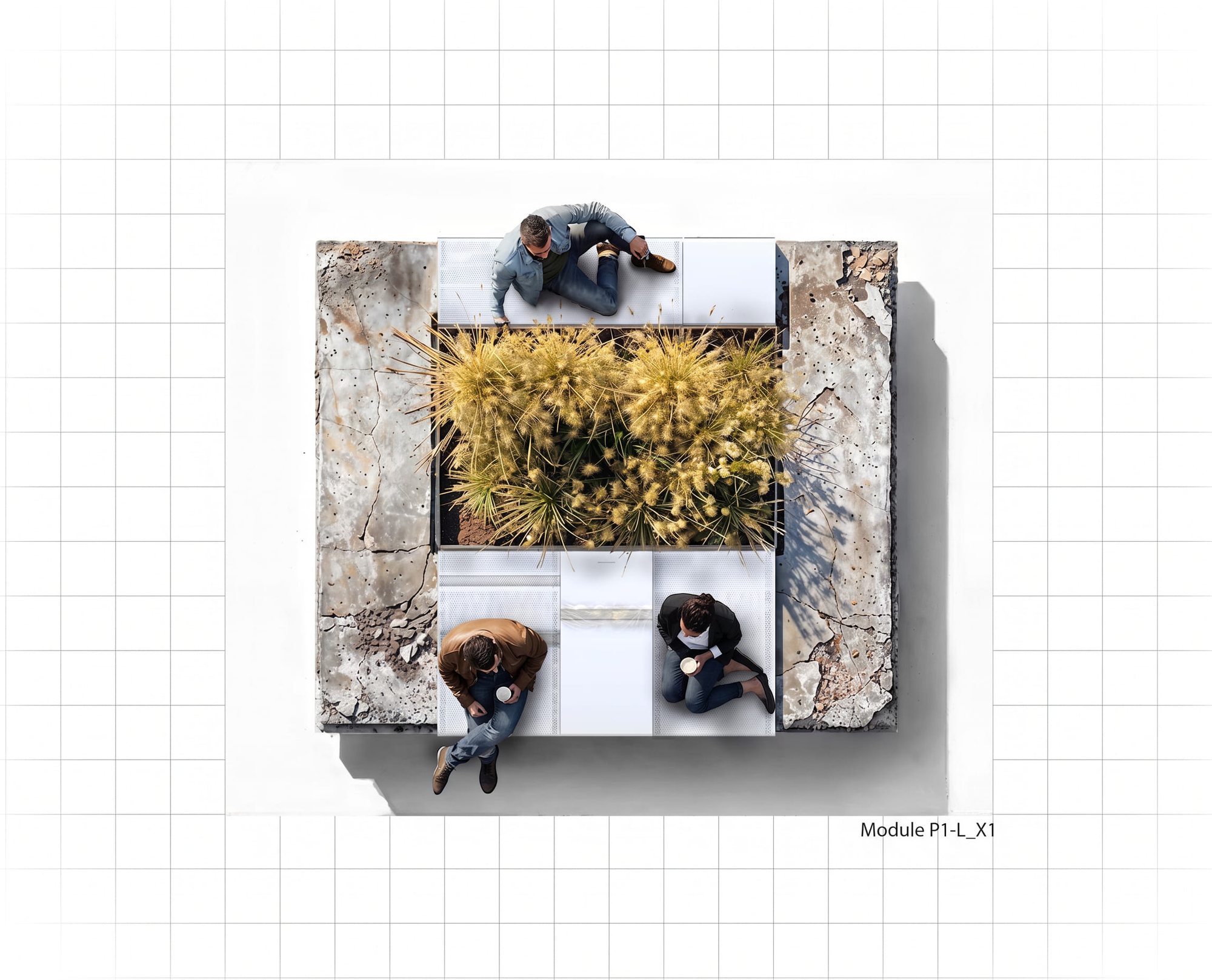 top view of the public furniture mounted on a damaged panel reused from Soviet Block