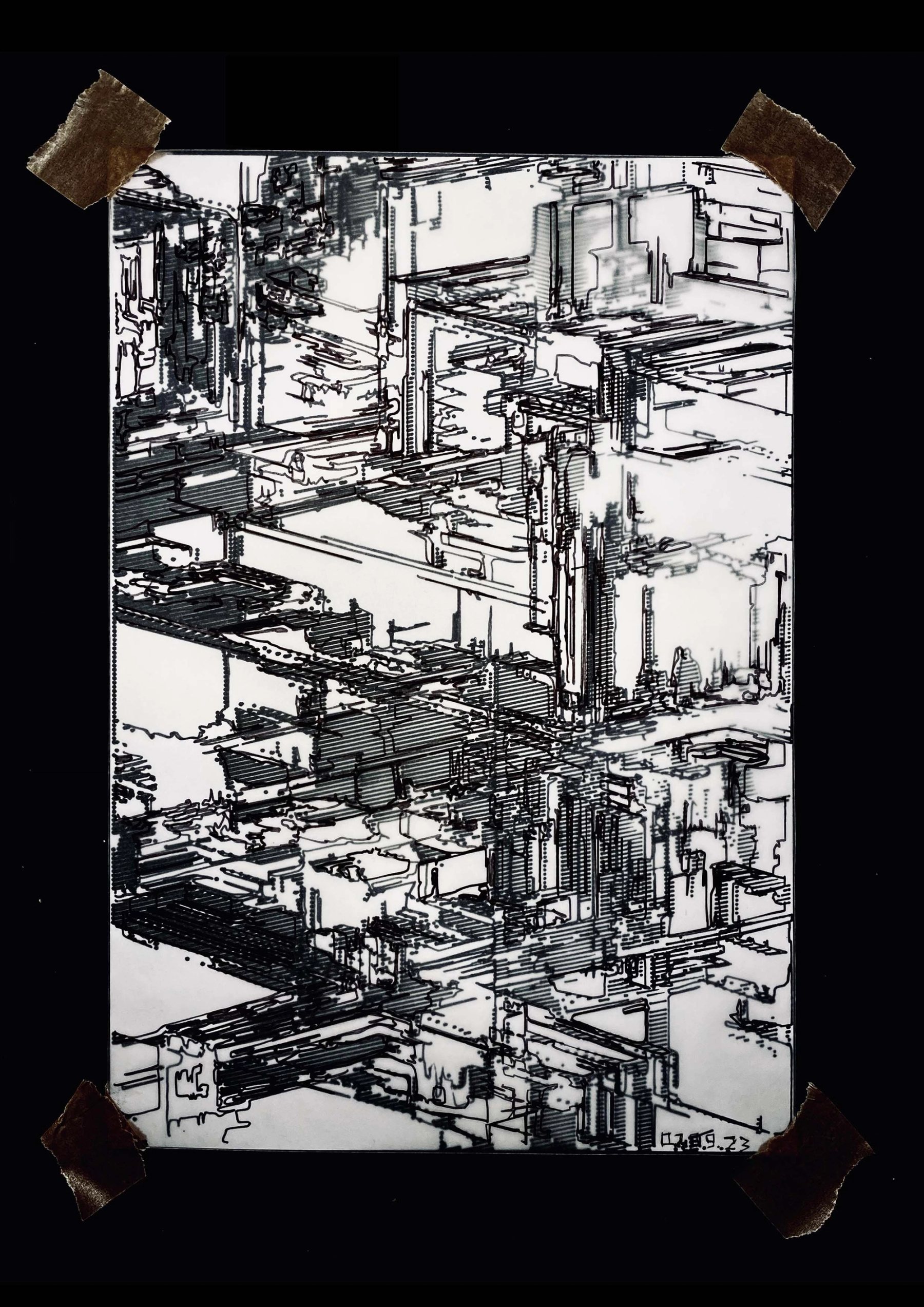 Photo of the Destructive Entities ink drawing pinned on the wall with a spotlight