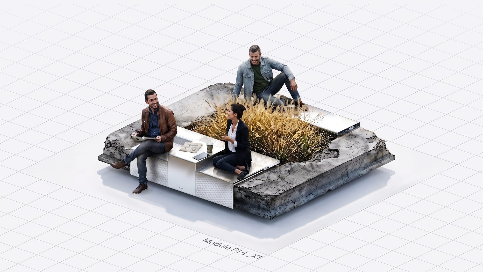 top view of the public furniture mounted on a damaged panel reused from Soviet Block