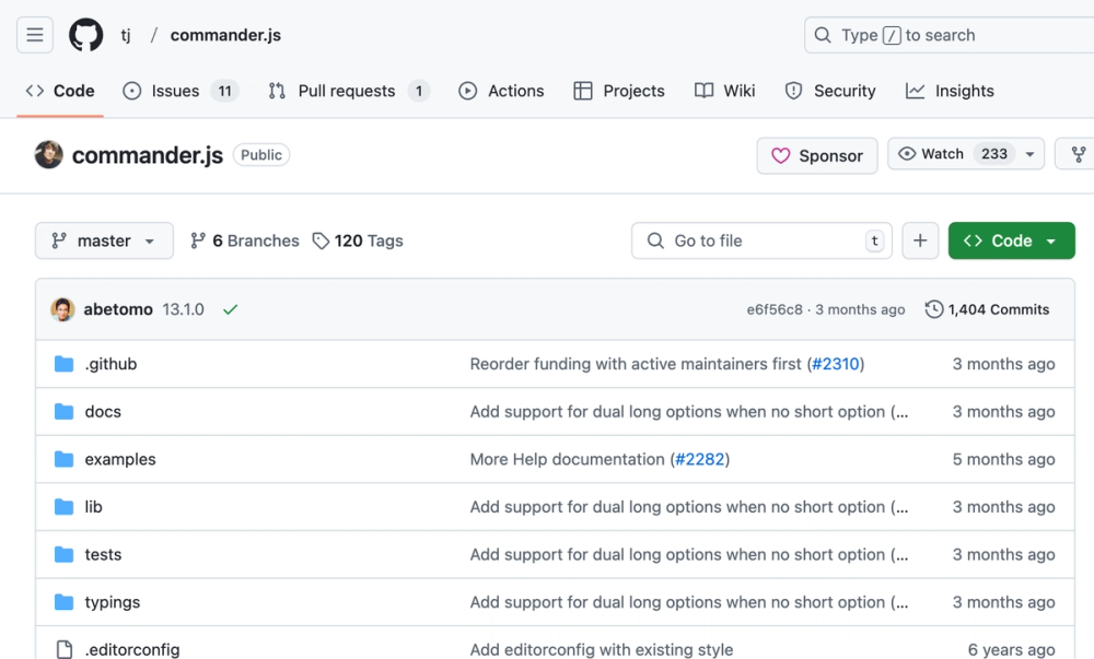 Screenshot of Commander.js