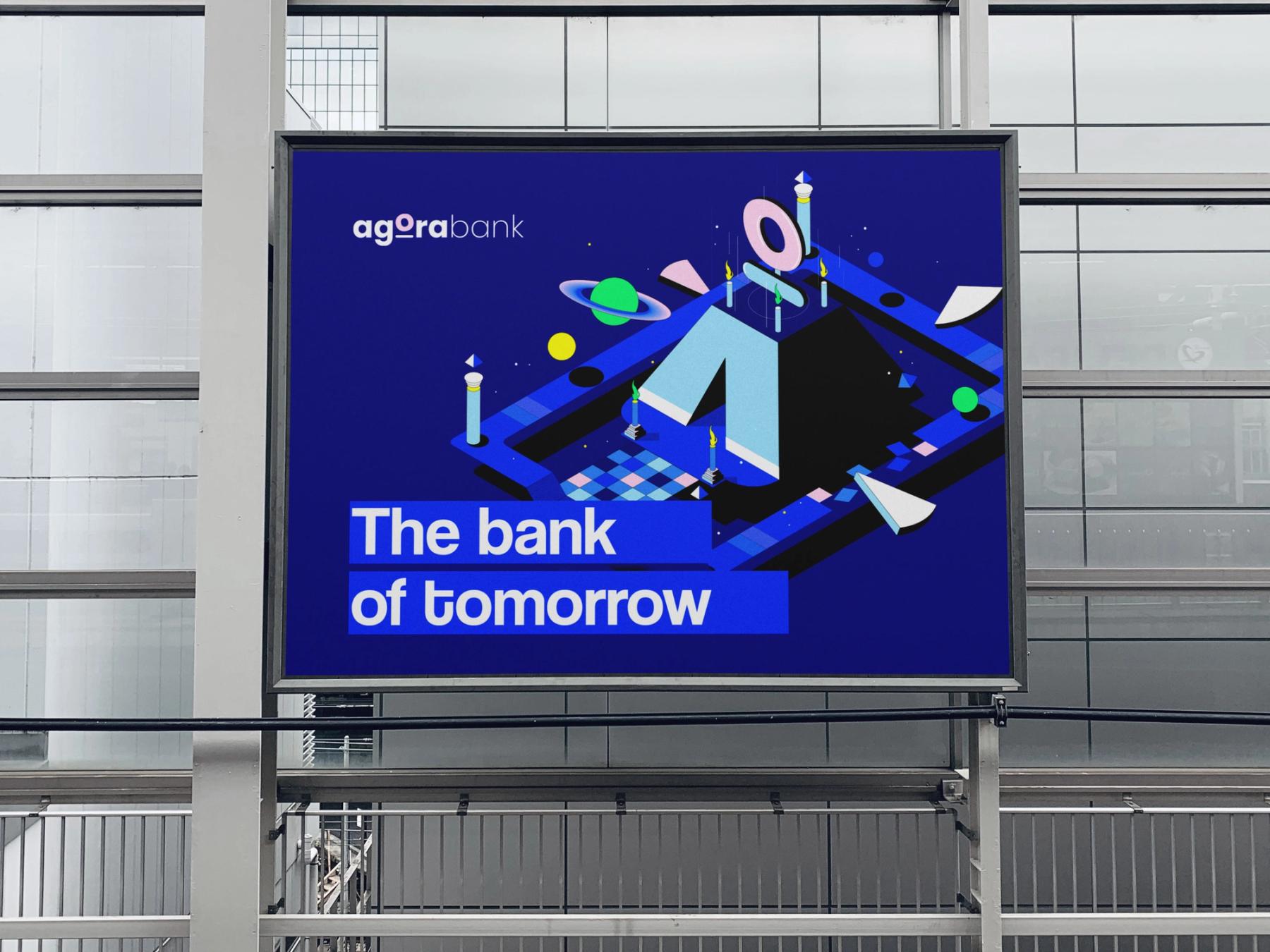 Outdoor campaign mockup for AgoraBank branding