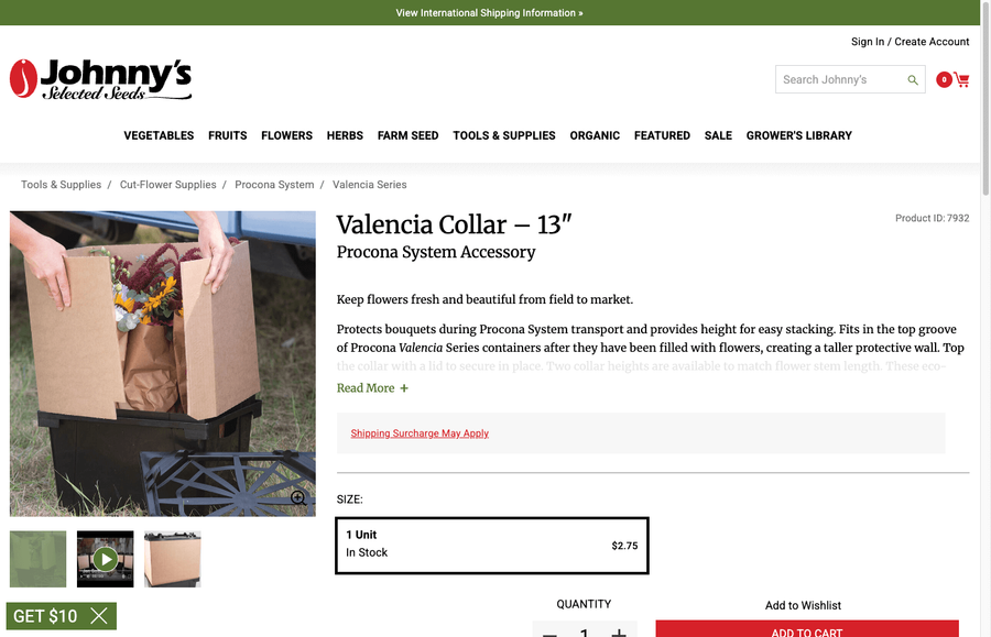 Valencia Collar 13 inch product page on Johnny's Seeds showing a cardboard collar filled with a colorful flower arrangement