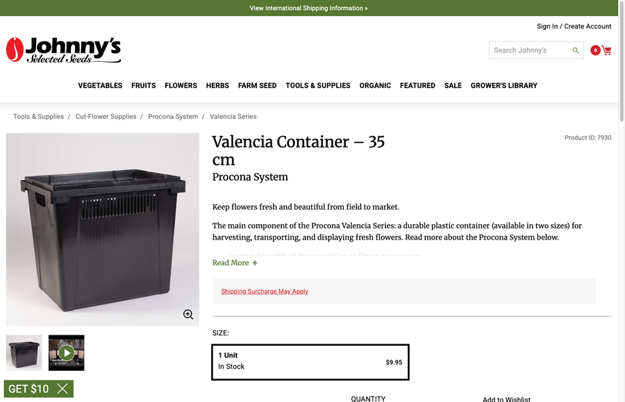 Valencia Container 35 cm product page on Johnny's Selected Seeds showing product photo, description, and ordering options
