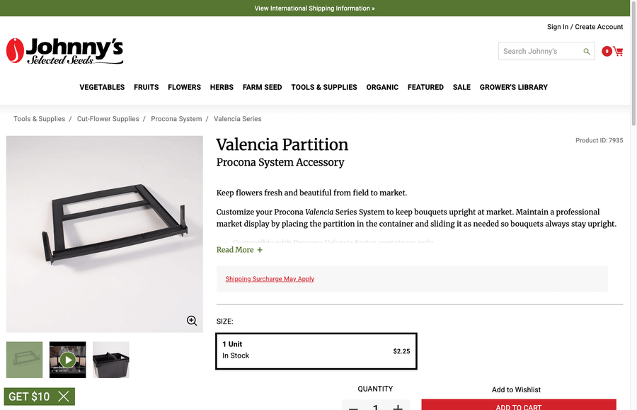 Valencia Partition product page on Johnny's Seeds showing the black divider insert for separating flower varieties