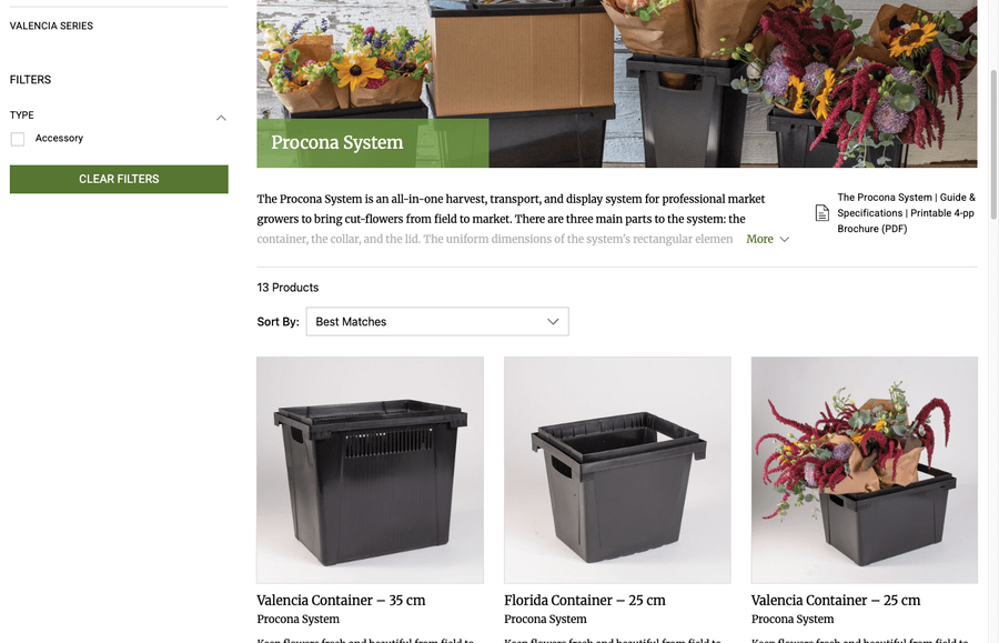 Product grid on Johnny's Seeds showing Valencia and Florida containers side by side with thumbnail images