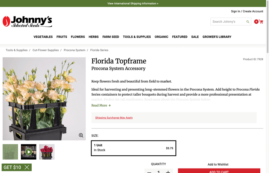 Florida Topframe product page on Johnny's Seeds showing the compact rigid frame for the Florida container