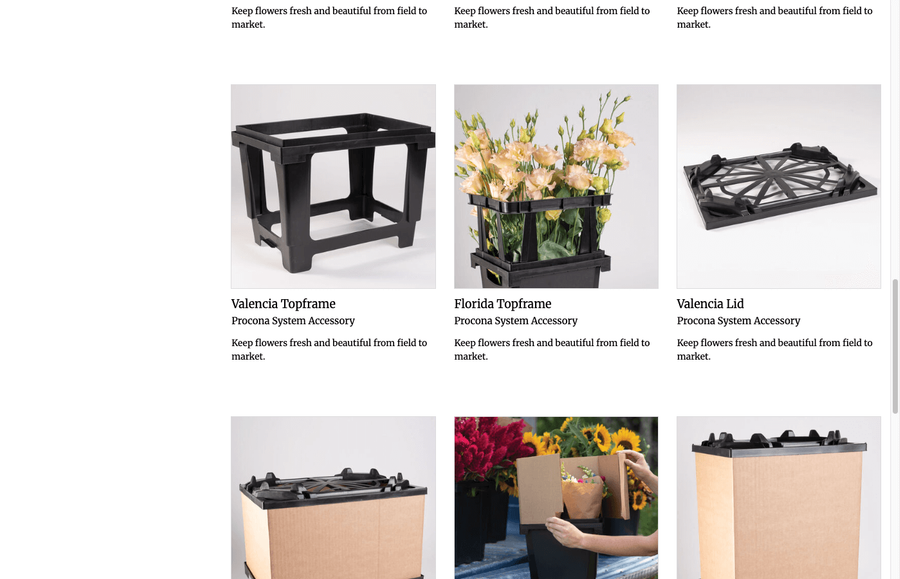 Johnny's Seeds product grid showing topframes, lids, and collar products with cardboard collar in use with flowers