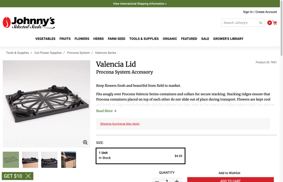 Valencia Lid product page on Johnny's Seeds showing the black grid lid with locking nubs