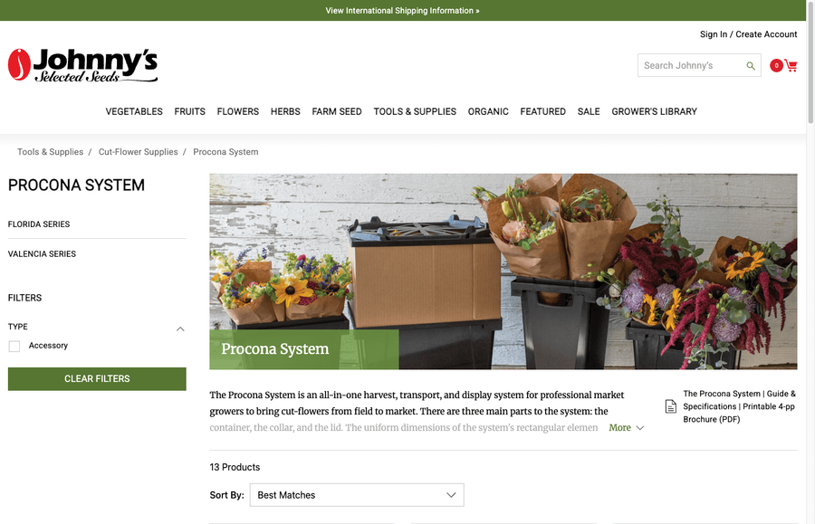 Johnny's Selected Seeds Procona System category page showing the main header, navigation, and product overview