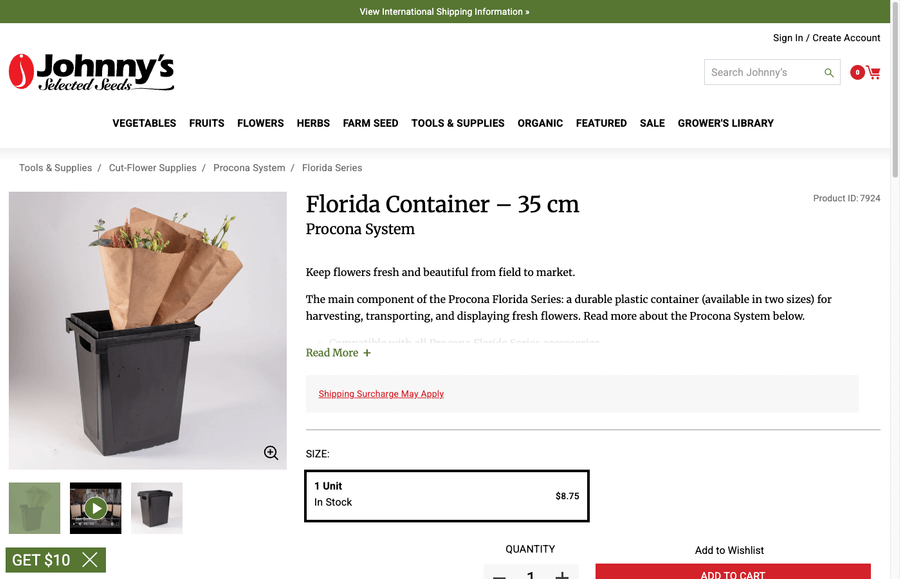 Florida Container 35 cm product page on Johnny's Seeds showing the compact black Procona bucket next to a container filled with flowers
