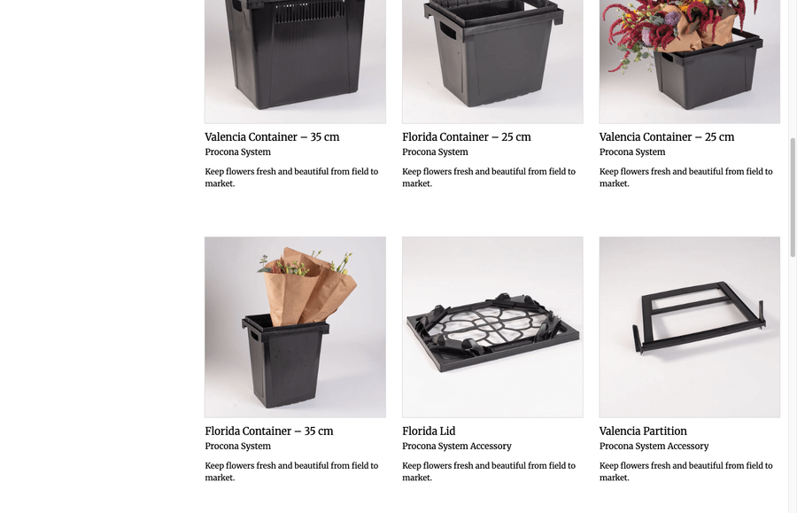 Johnny's Seeds product grid showing Florida containers, lids, and the Valencia Partition with product images