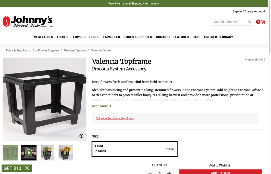 Valencia Topframe product page on Johnny's Seeds showing the black rigid frame that sits on top of the container