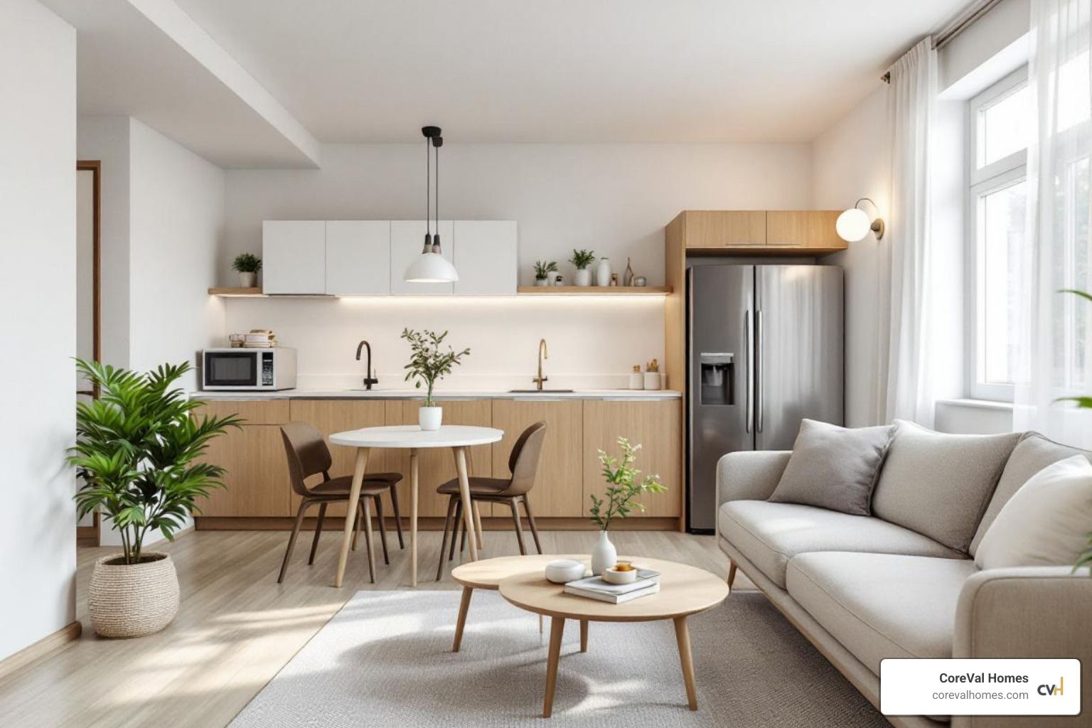 Image of an open-concept shared living space connecting to a private kitchenette area. - multi-generational house plans