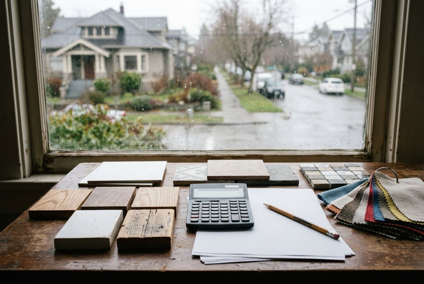 Renovation planning table with material samples and calculator overlooking a Vancouver residential street