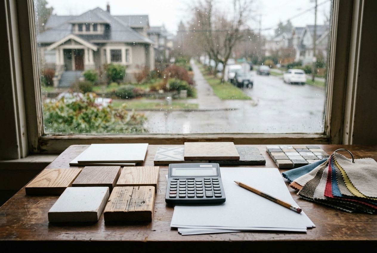 Renovation planning table with material samples and calculator overlooking a Vancouver residential street