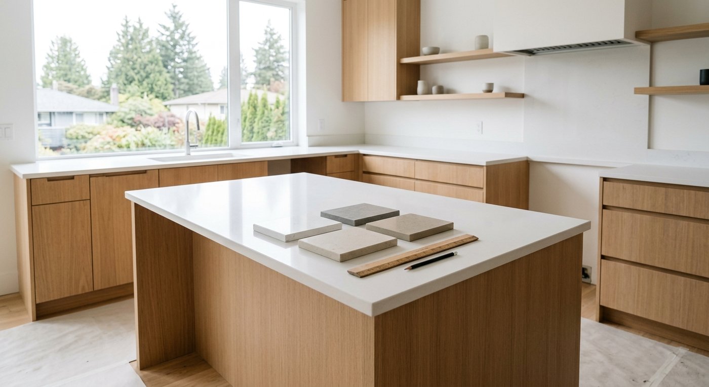 Kitchen renovation planning with cabinet drawings, countertop samples, and measurement tools in a bright Vancouver home
