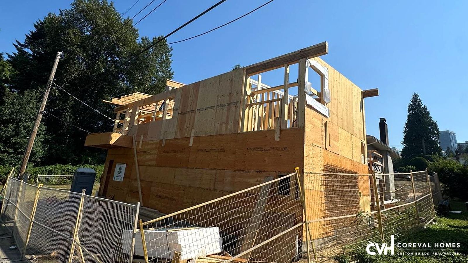 Laneway home framing and sheathing under construction in Metro Vancouver — CoreVal Homes