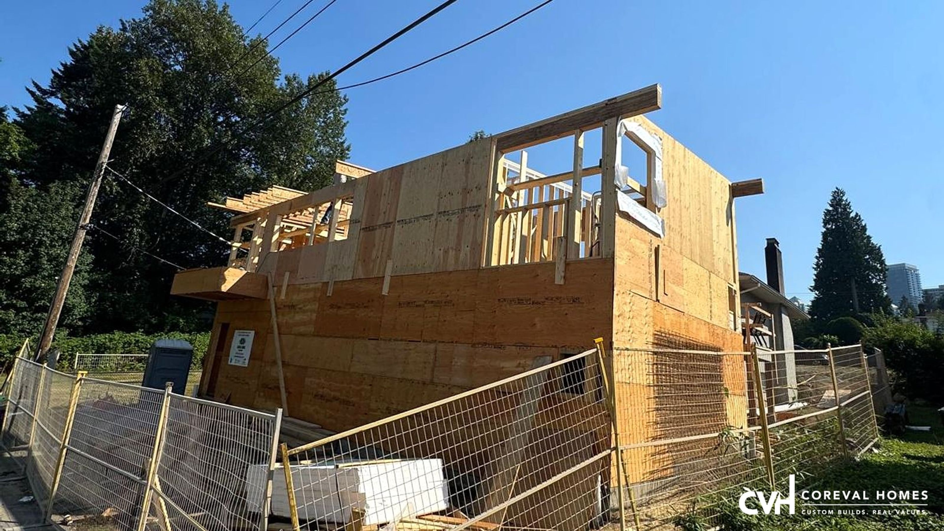 Laneway home framing and sheathing under construction in Metro Vancouver — CoreVal Homes