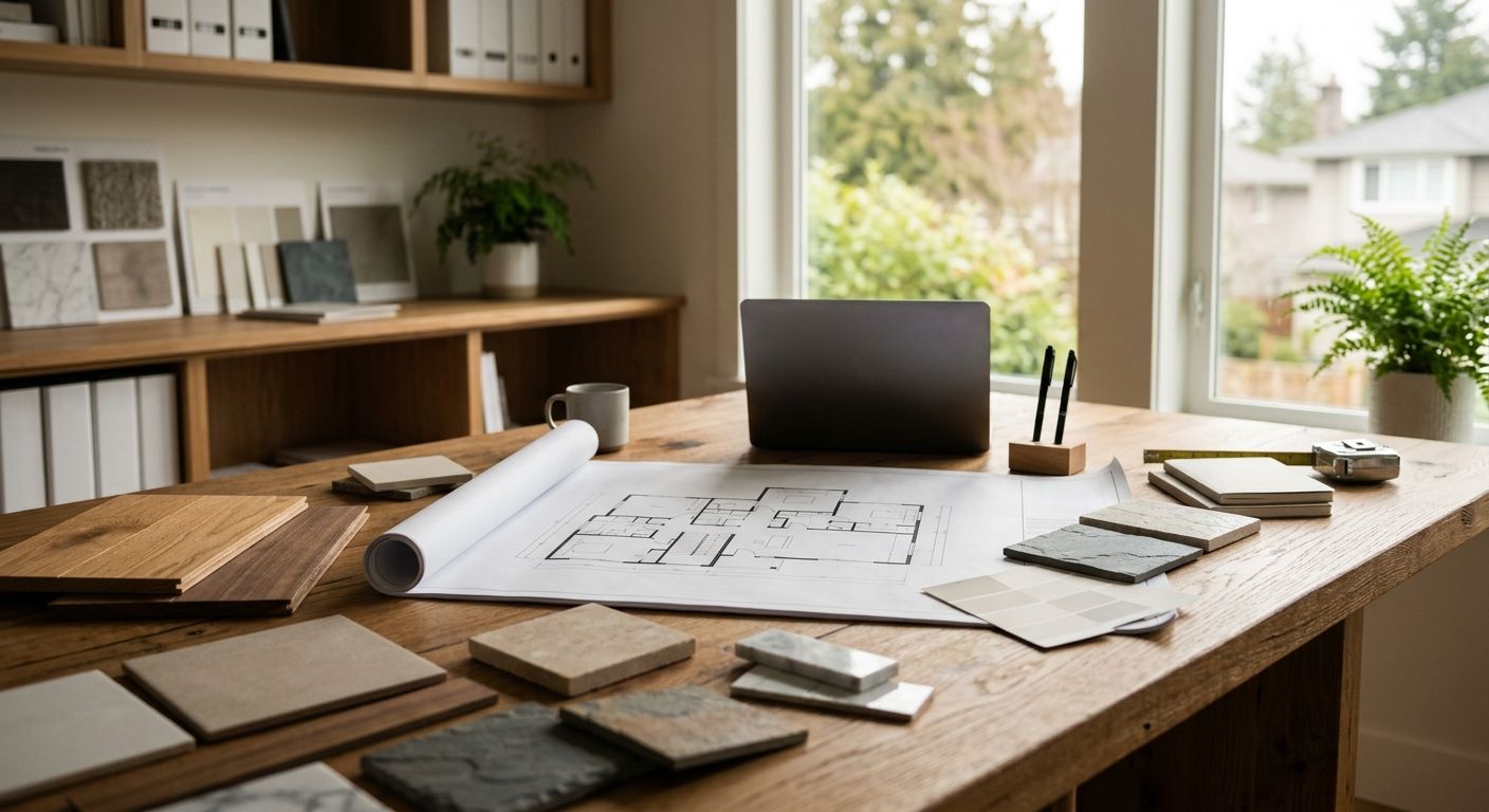 Vancouver custom home builder consultation with material samples and residential construction plans