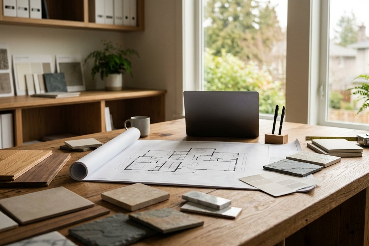 Vancouver custom home builder consultation with material samples and residential construction plans