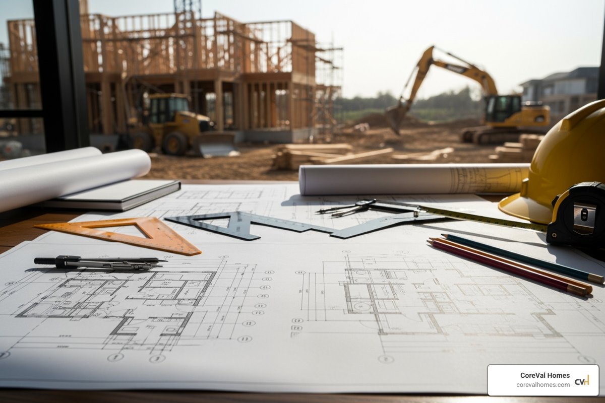 custom home blueprint on table with construction in background - building permit process