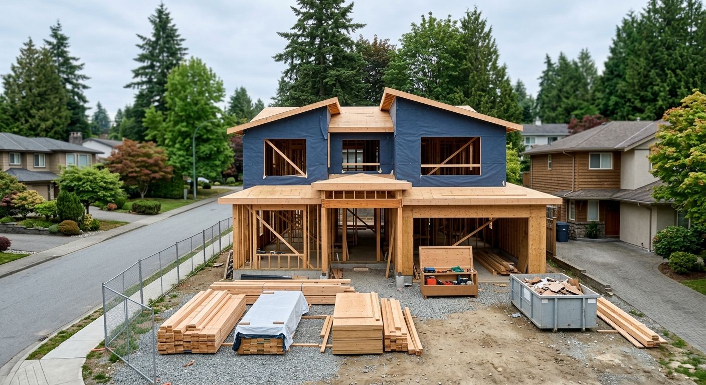 Organized Metro Vancouver custom home construction site with framing and clean quality-control setup