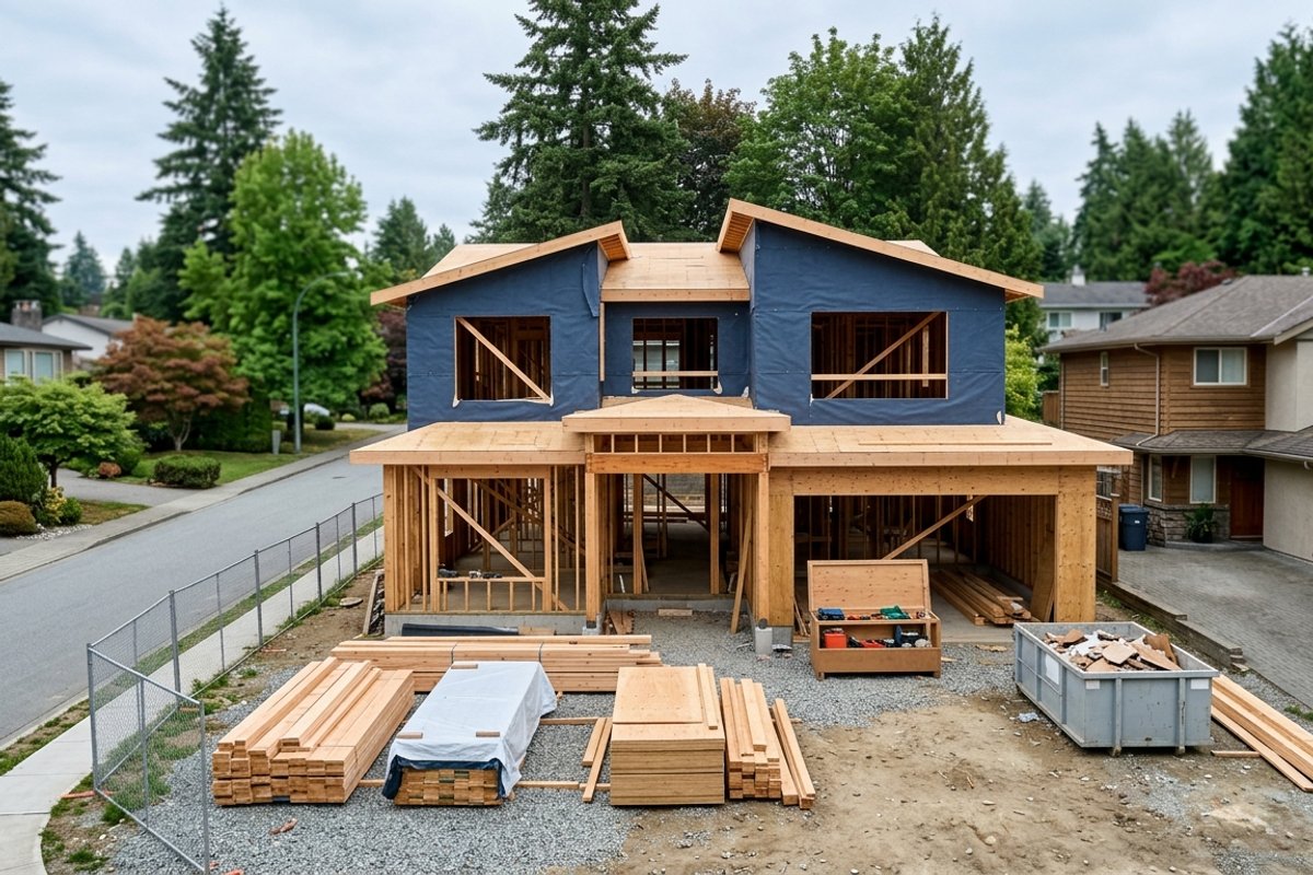 Organized Metro Vancouver custom home construction site with framing and clean quality-control setup