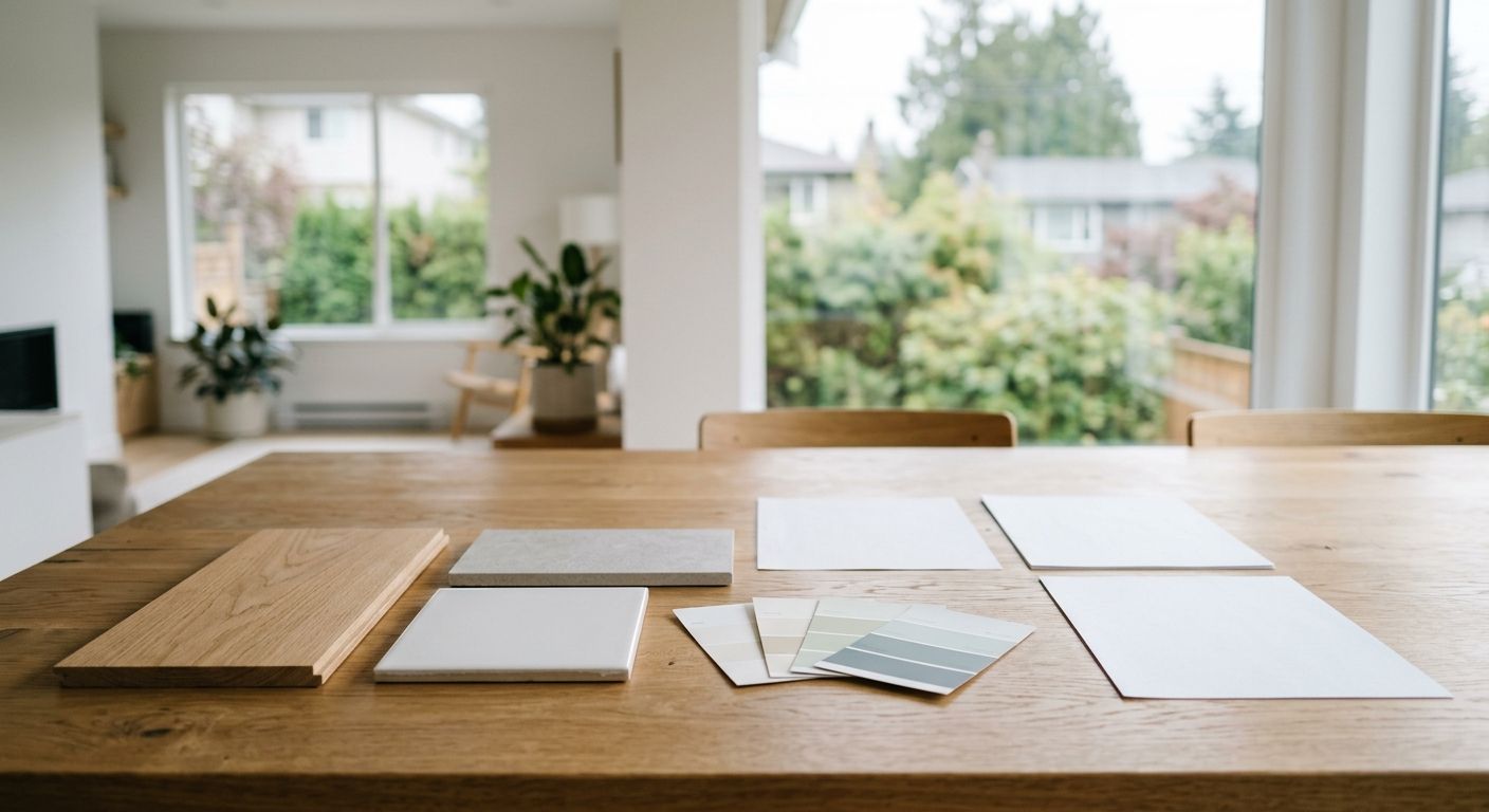 Vancouver first-time home buyer renovation planning with material samples on a clean kitchen table