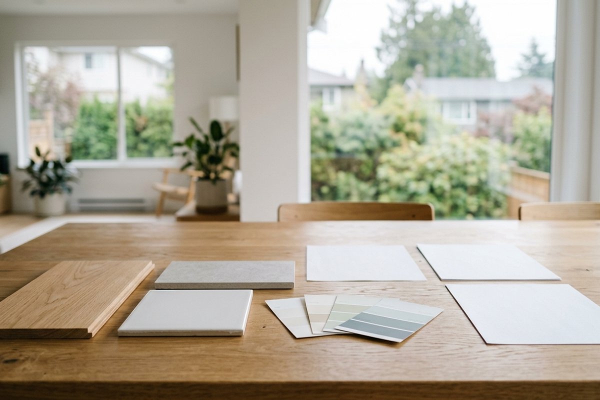 Vancouver first-time home buyer renovation planning with material samples on a clean kitchen table
