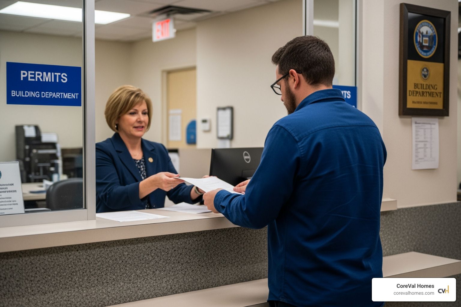 person submitting documents at municipal office counter - application for building permission