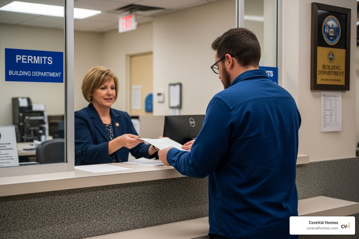 person submitting documents at municipal office counter - application for building permission