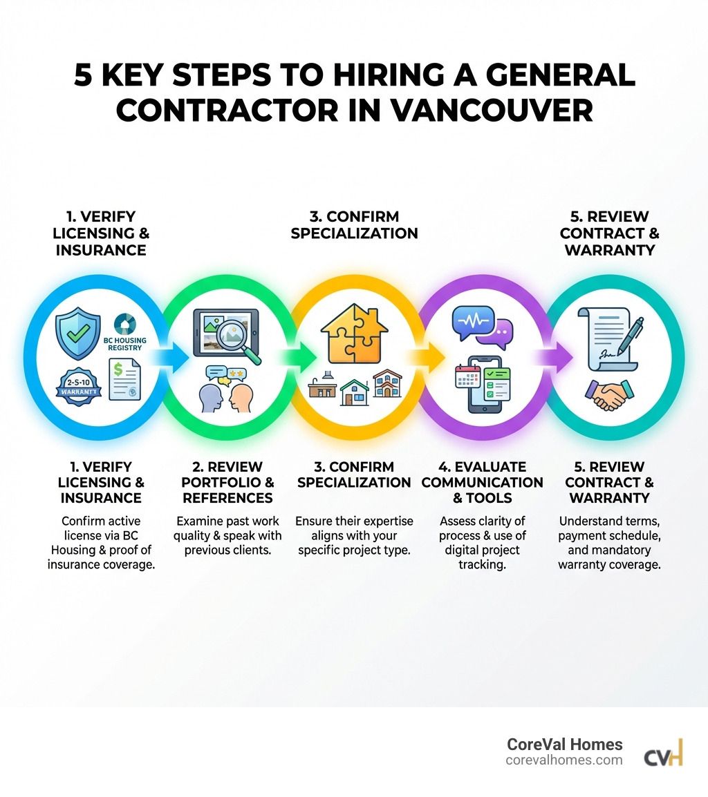 Infographic showing 5 key steps to hiring a general contractor in Vancouver: 1. Verify licensing and insurance through BC Housing registry, 2. Review portfolio and check client references, 3. Confirm specialization matches your project type, 4. Evaluate communication process and project management tools, 5. Review contract terms and warranty coverage - Vancouver general contractor infographic