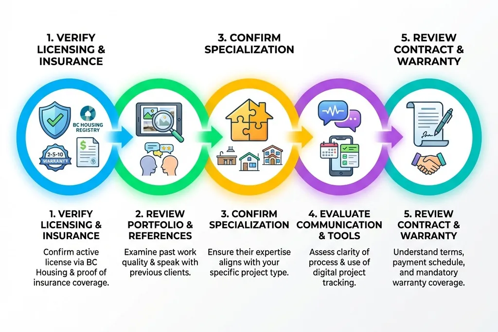 Infographic showing 5 key steps to hiring a general contractor in Vancouver: 1. Verify licensing and insurance through BC Housing registry, 2. Review portfolio and check client references, 3. Confirm specialization matches your project type, 4. Evaluate communication process and project management tools, 5. Review contract terms and warranty coverage - Vancouver general contractor infographic
