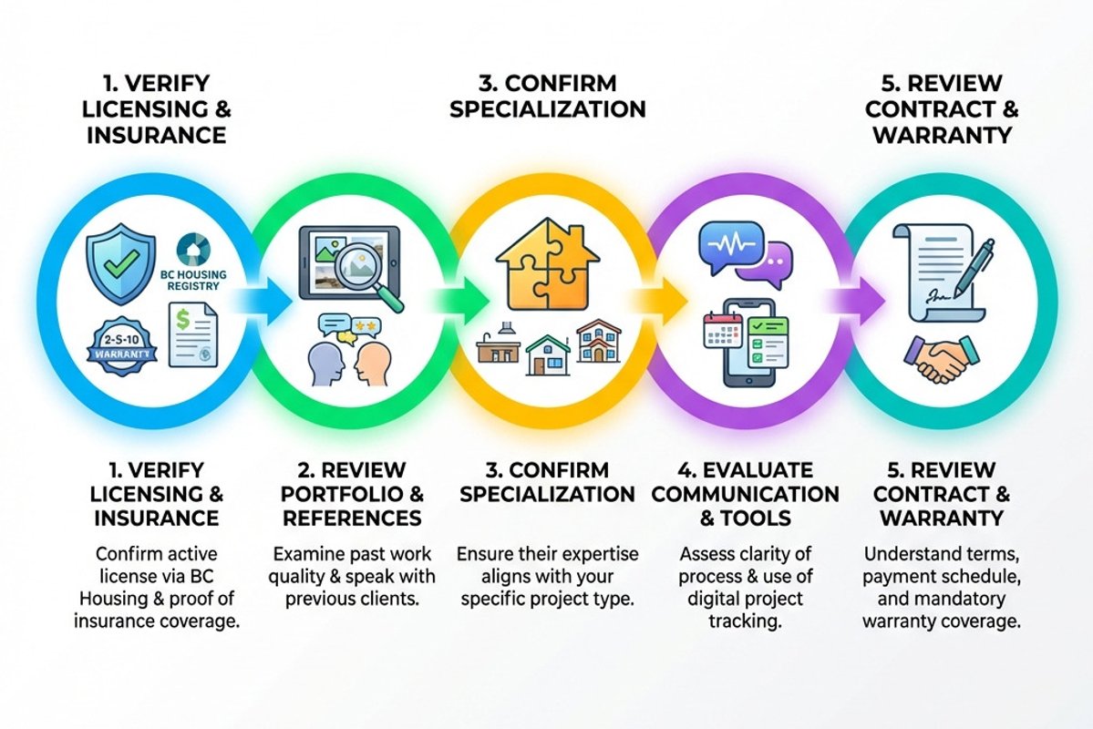 Infographic showing 5 key steps to hiring a general contractor in Vancouver: 1. Verify licensing and insurance through BC Housing registry, 2. Review portfolio and check client references, 3. Confirm specialization matches your project type, 4. Evaluate communication process and project management tools, 5. Review contract terms and warranty coverage - Vancouver general contractor infographic